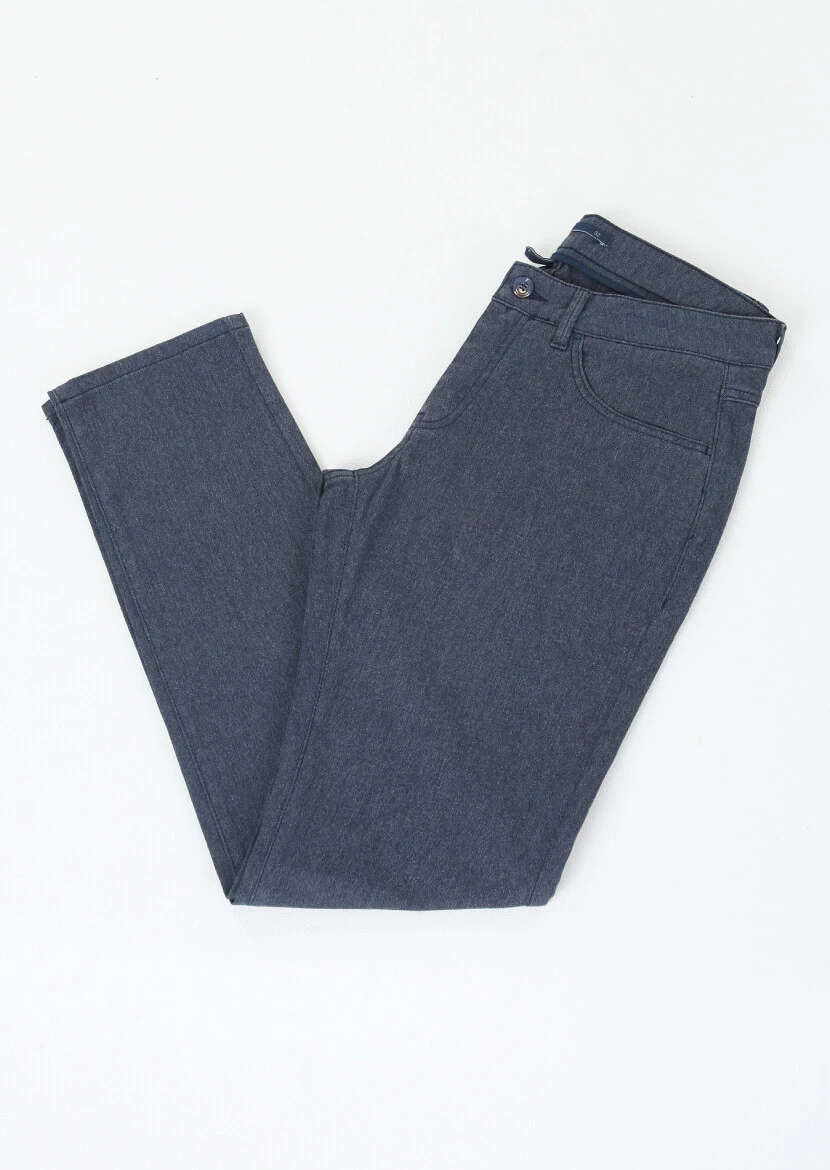 Navy Blue Weaving Slim Fit Casual Cotton Blended Trousers - 1