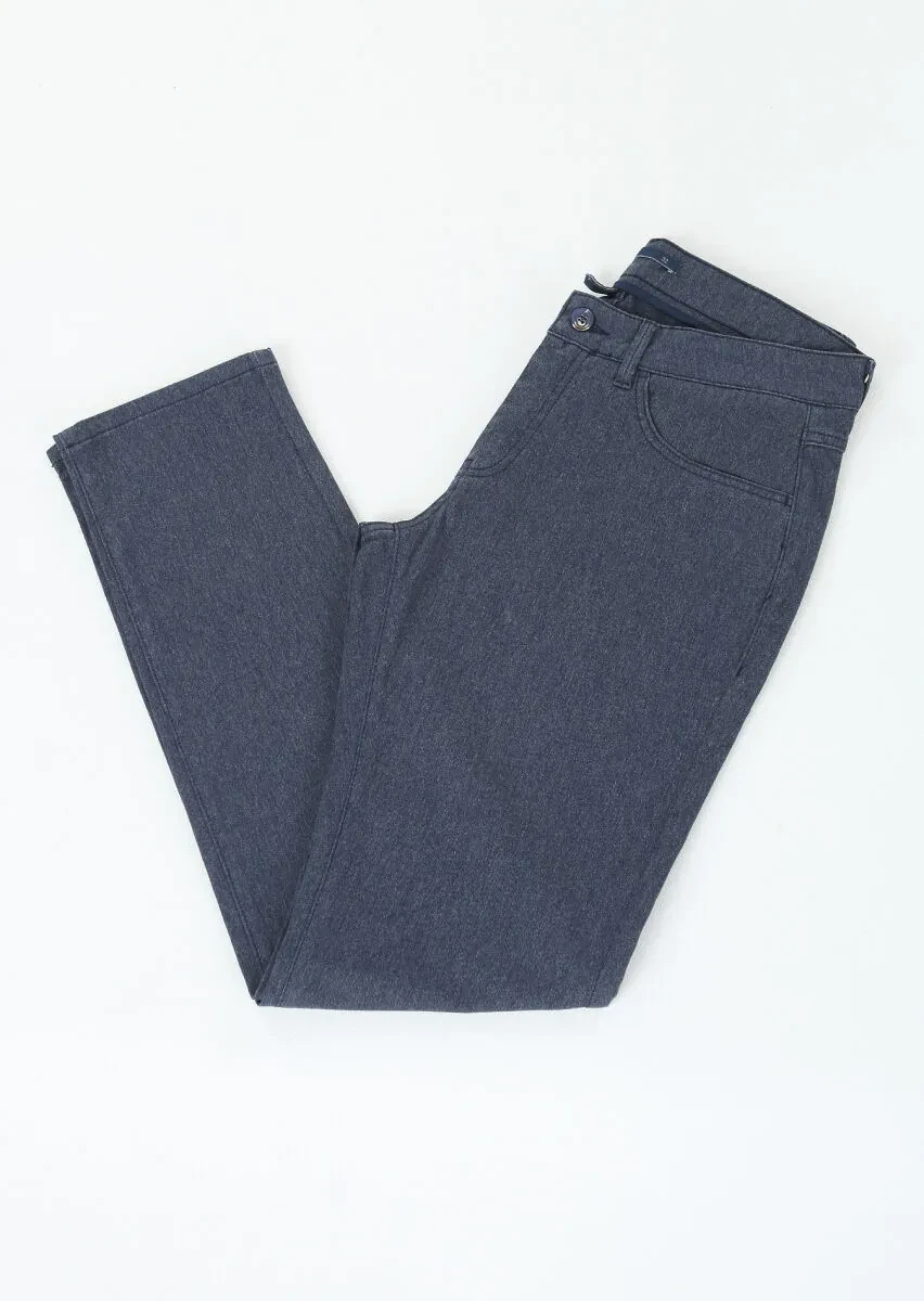 Navy Blue Weaving Slim Fit Casual Cotton Blended Trousers - 1