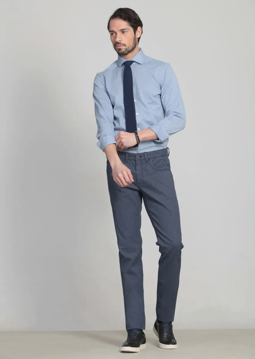 Navy Blue Weaving Slim Fit Casual Cotton Blended Trousers - 3