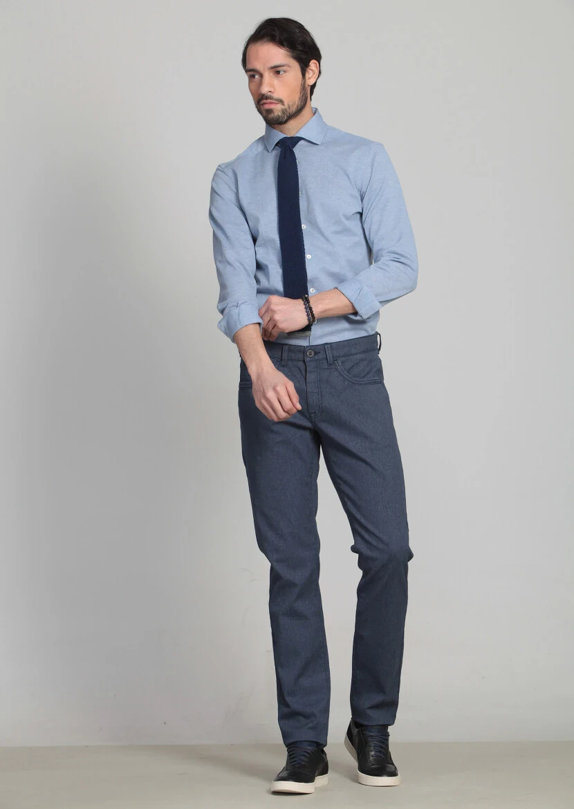 Navy Blue Weaving Slim Fit Casual Cotton Blended Trousers - 4