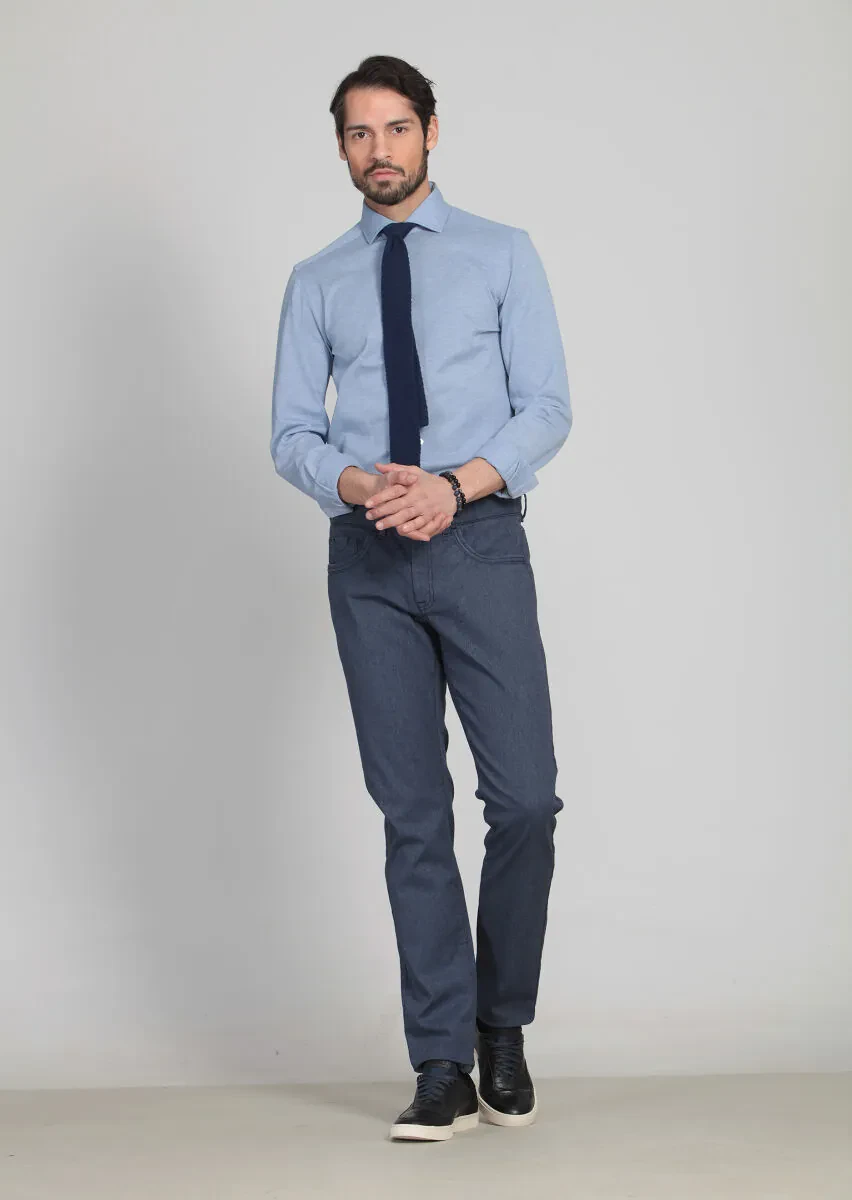 Navy Blue Weaving Slim Fit Casual Cotton Blended Trousers - 5