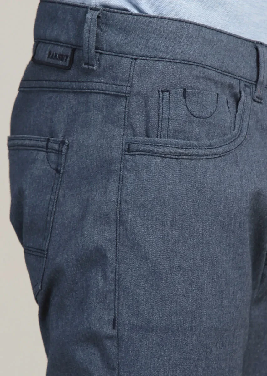 Navy Blue Weaving Slim Fit Casual Cotton Blended Trousers - 6