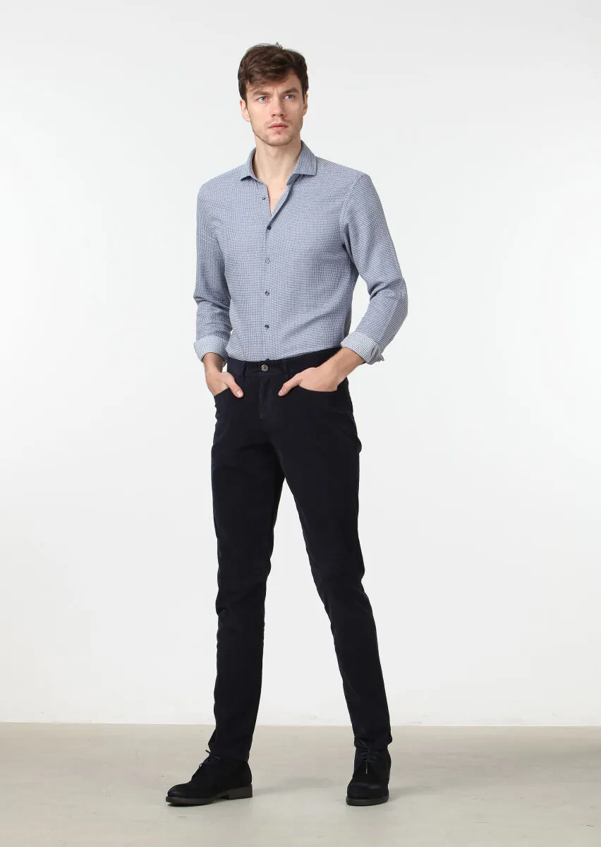 Navy Blue Weaving Slim Fit Casual Cotton Blended Trousers - 1