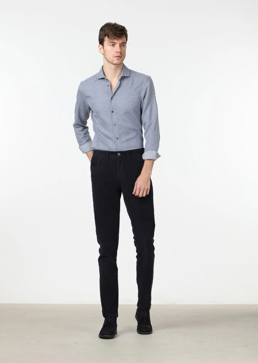 Navy Blue Weaving Slim Fit Casual Cotton Blended Trousers - 2