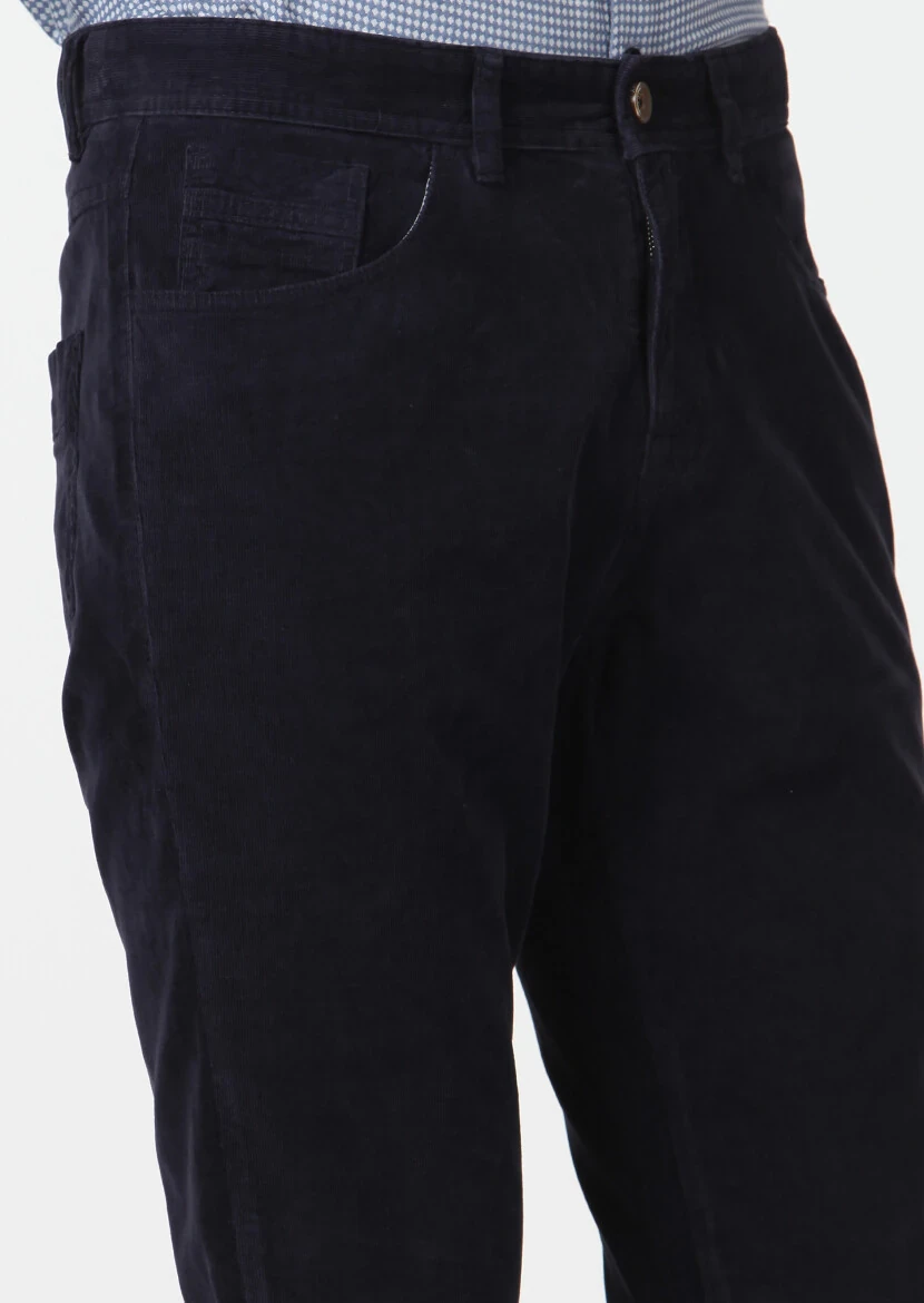 Navy Blue Weaving Slim Fit Casual Cotton Blended Trousers - 3