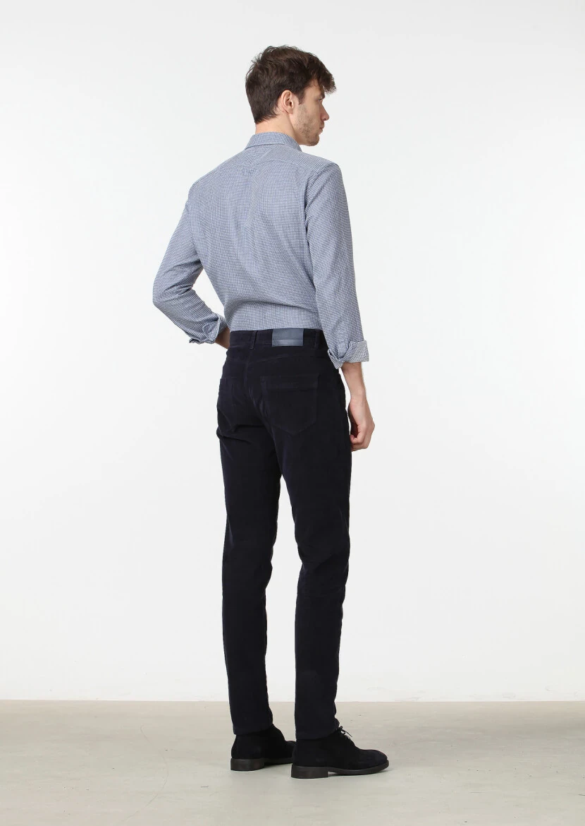 Navy Blue Weaving Slim Fit Casual Cotton Blended Trousers - 4