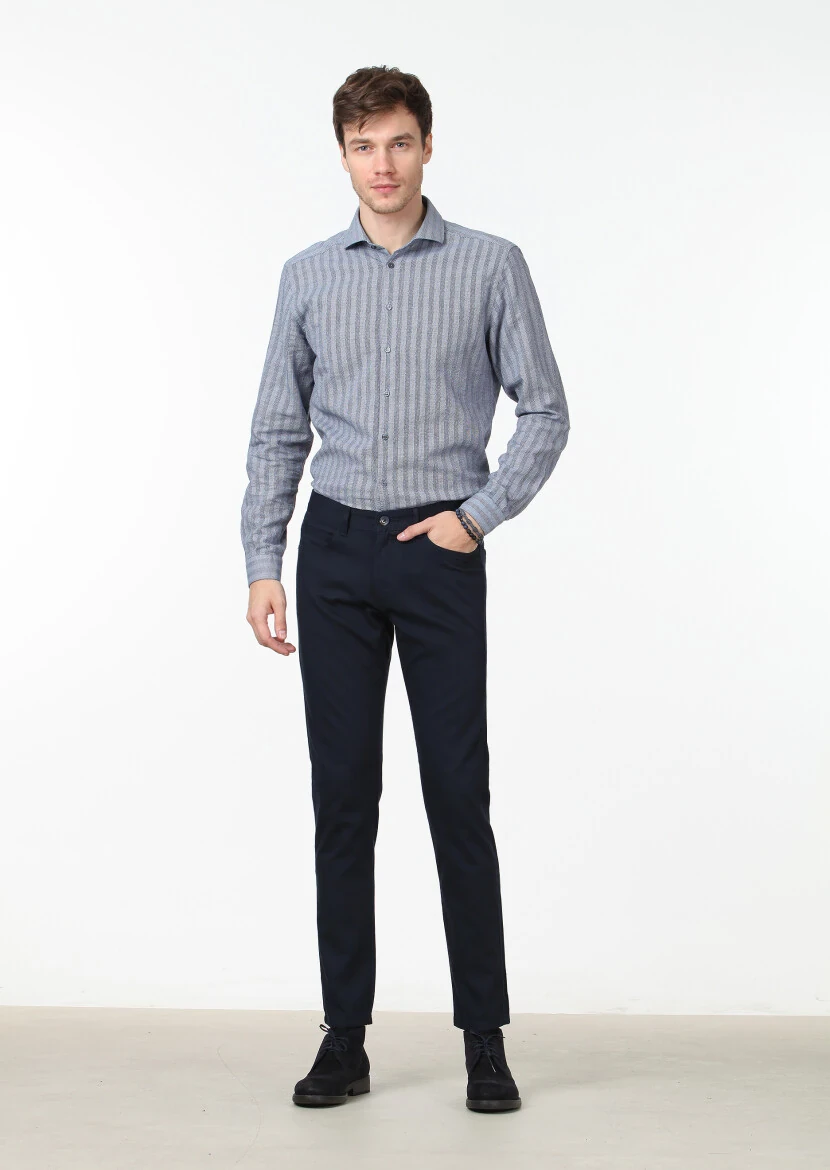 Navy Blue Weaving Slim Fit Casual Cotton Blended Trousers - 1
