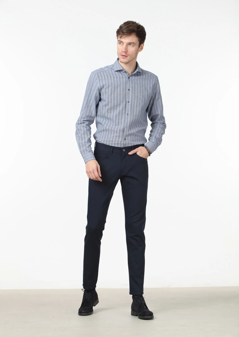 Navy Blue Weaving Slim Fit Casual Cotton Blended Trousers 