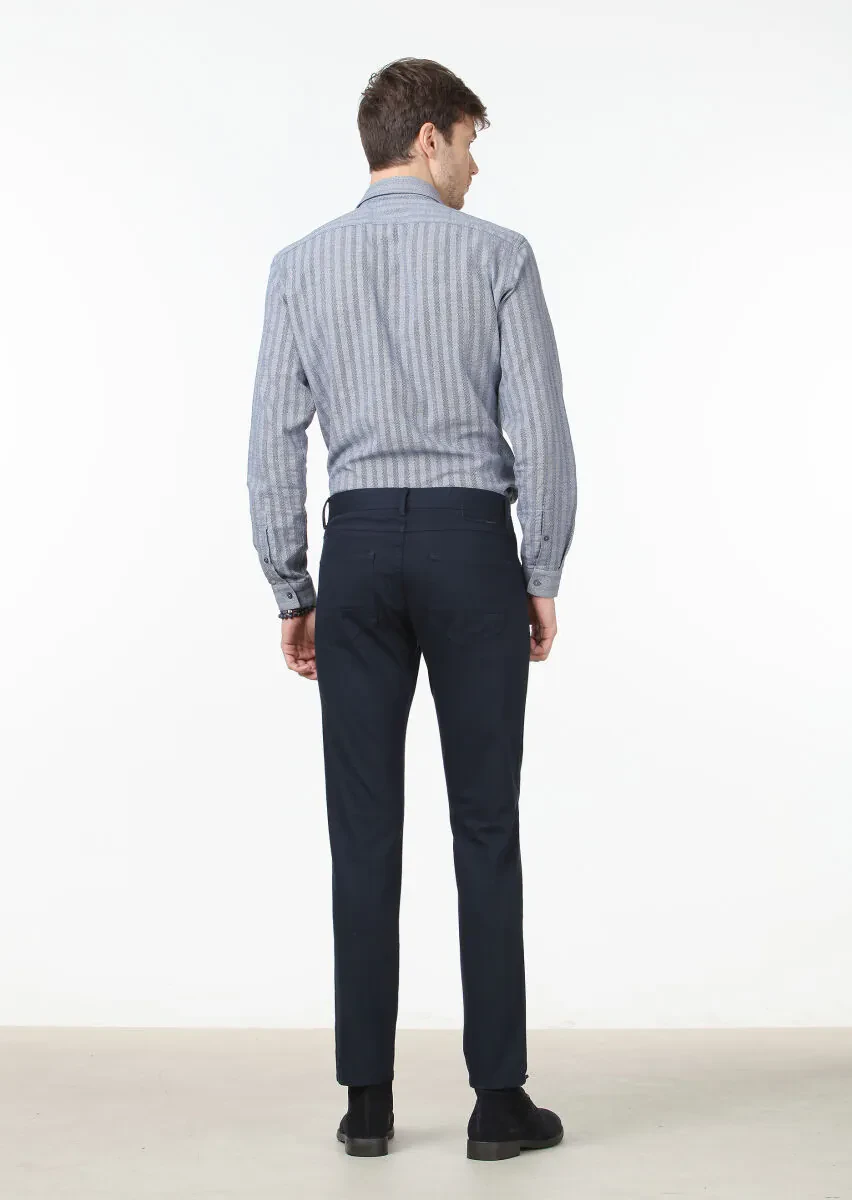Navy Blue Weaving Slim Fit Casual Cotton Blended Trousers - 4