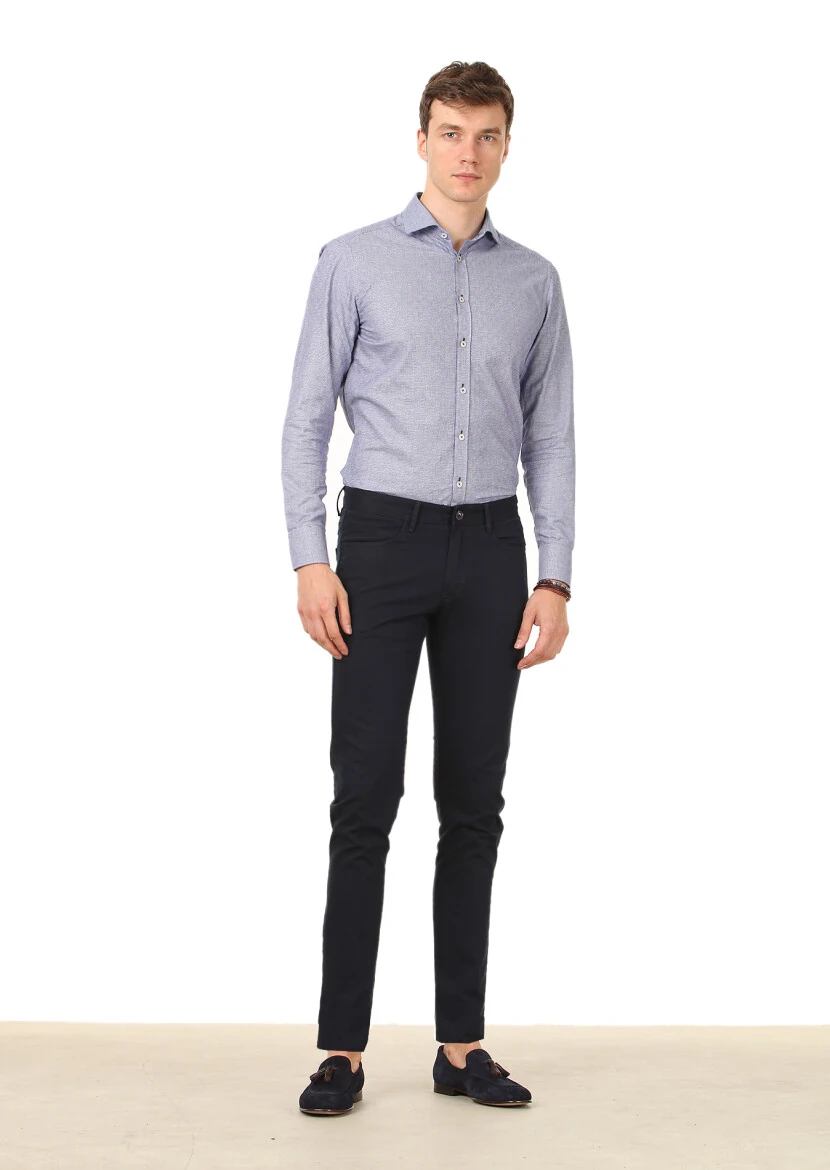 Navy Blue Weaving Slim Fit Casual Cotton Blended Trousers - 1