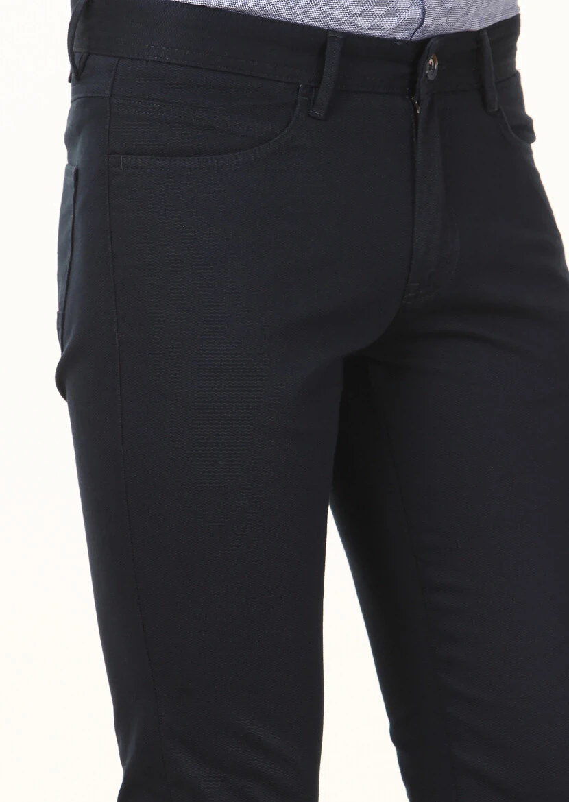 Navy Blue Weaving Slim Fit Casual Cotton Blended Trousers - 3