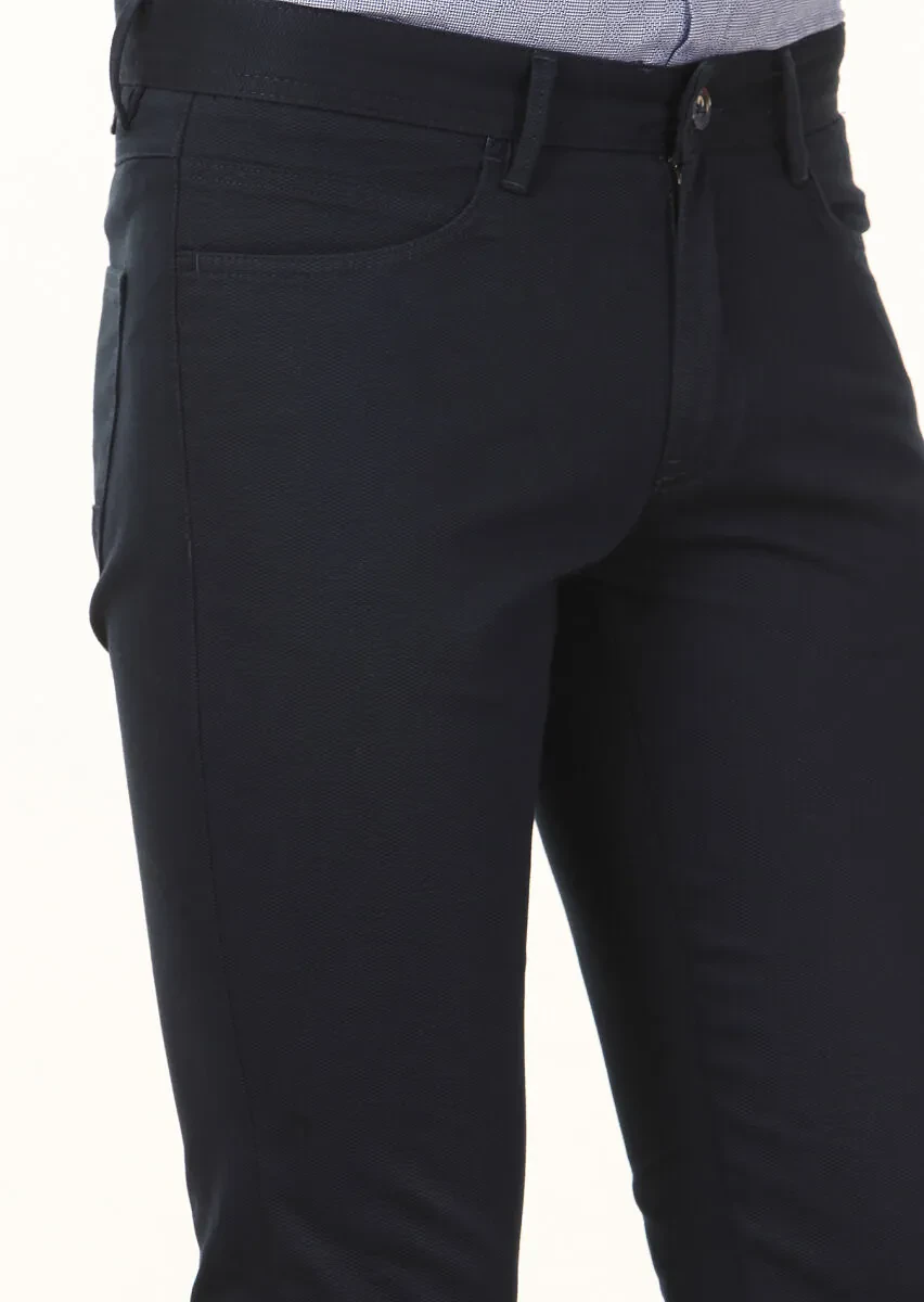 Navy Blue Weaving Slim Fit Casual Cotton Blended Trousers - 3