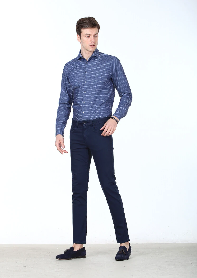 Navy Blue Weaving Slim Fit Casual Cotton Blended Trousers - 1