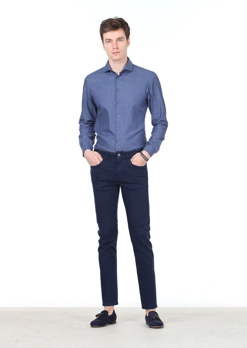 Navy Blue Weaving Slim Fit Casual Cotton Blended Trousers - 2