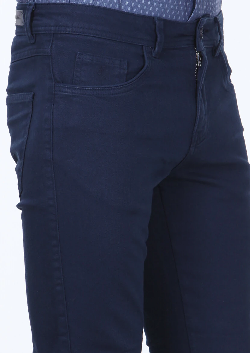 Navy Blue Weaving Slim Fit Casual Cotton Blended Trousers - 3