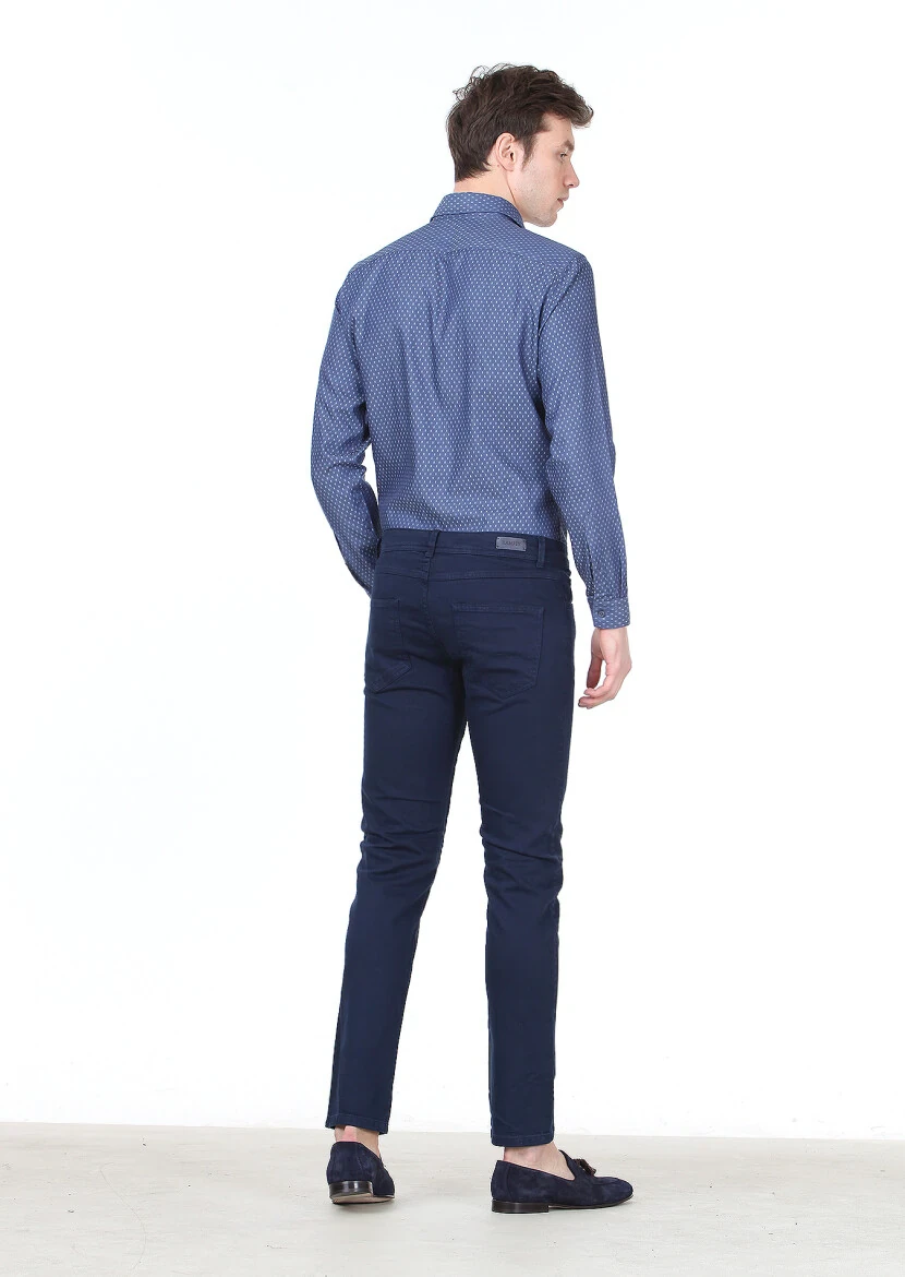 Navy Blue Weaving Slim Fit Casual Cotton Blended Trousers - 4