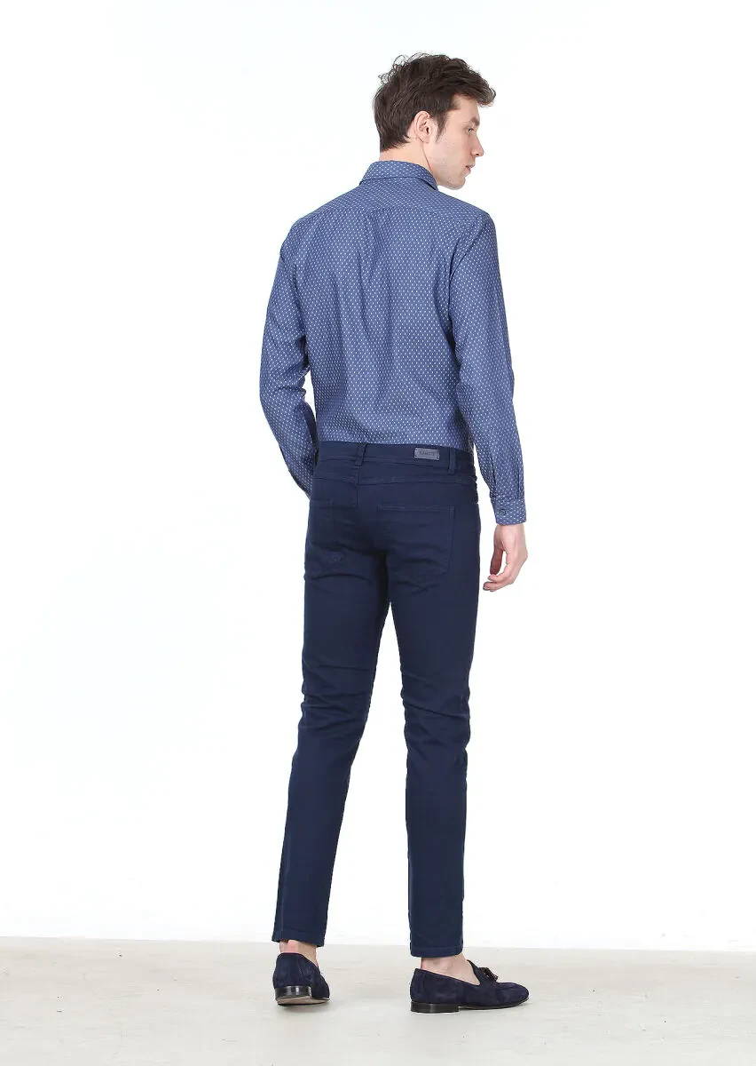 Navy Blue Weaving Slim Fit Casual Cotton Blended Trousers - 4
