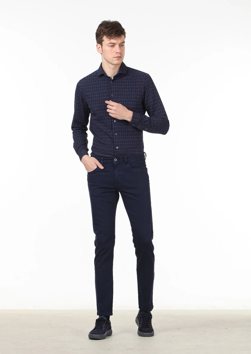 Navy Blue Weaving Slim Fit Casual Cotton Blended Trousers - 1