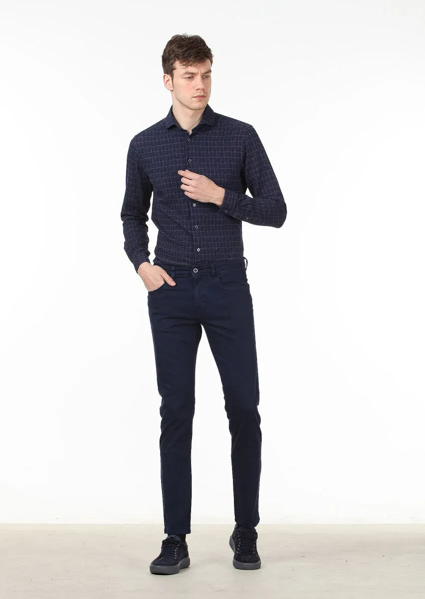 Navy Blue Weaving Slim Fit Casual Cotton Blended Trousers - 1
