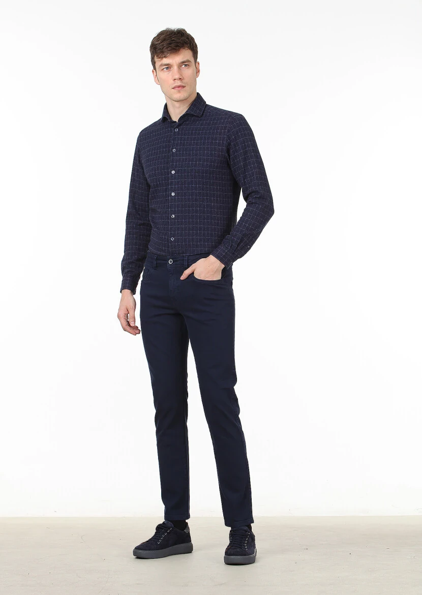 Navy Blue Weaving Slim Fit Casual Cotton Blended Trousers 