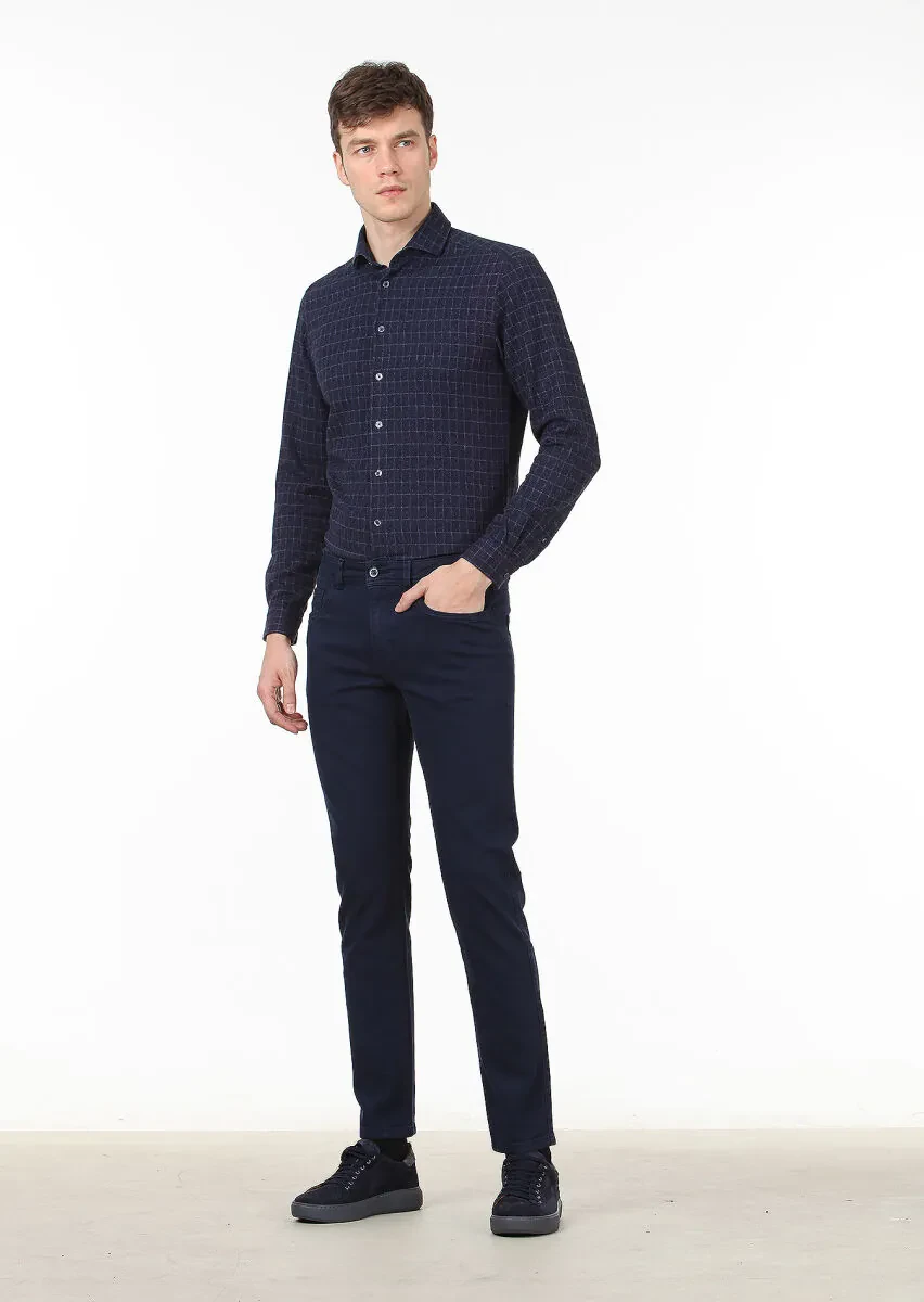 Navy Blue Weaving Slim Fit Casual Cotton Blended Trousers - 2