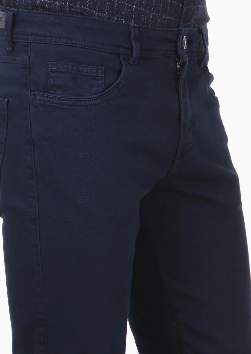 Navy Blue Weaving Slim Fit Casual Cotton Blended Trousers - 3