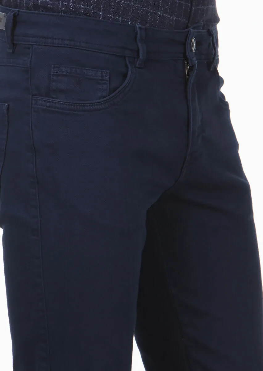 Navy Blue Weaving Slim Fit Casual Cotton Blended Trousers - 3