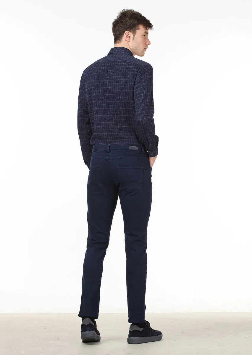 Navy Blue Weaving Slim Fit Casual Cotton Blended Trousers - 4