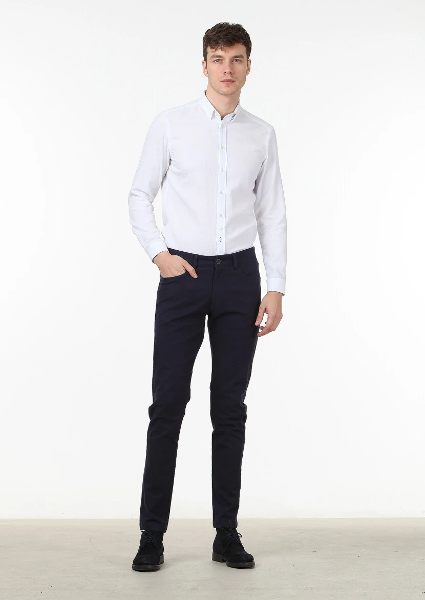 Navy Blue Weaving Slim Fit Casual Cotton Blended Trousers - 1