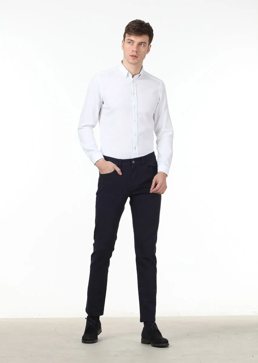 Navy Blue Weaving Slim Fit Casual Cotton Blended Trousers - 2