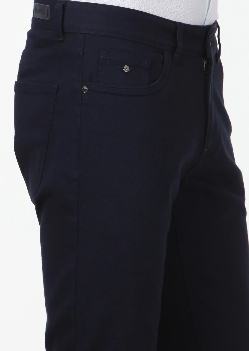 Navy Blue Weaving Slim Fit Casual Cotton Blended Trousers - 3
