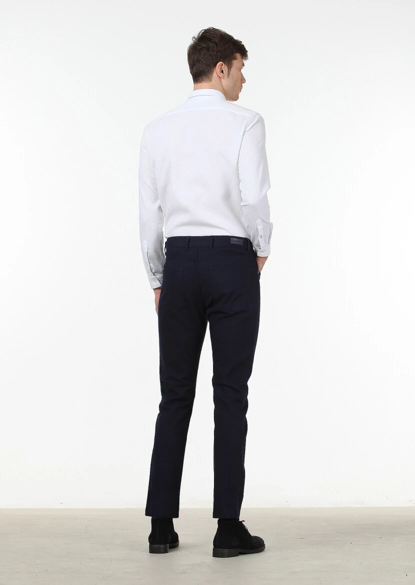 Navy Blue Weaving Slim Fit Casual Cotton Blended Trousers - 4