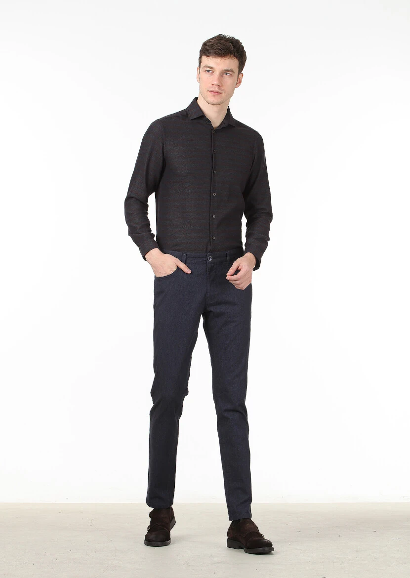 Navy Blue Weaving Slim Fit Casual Cotton Blended Trousers - 2