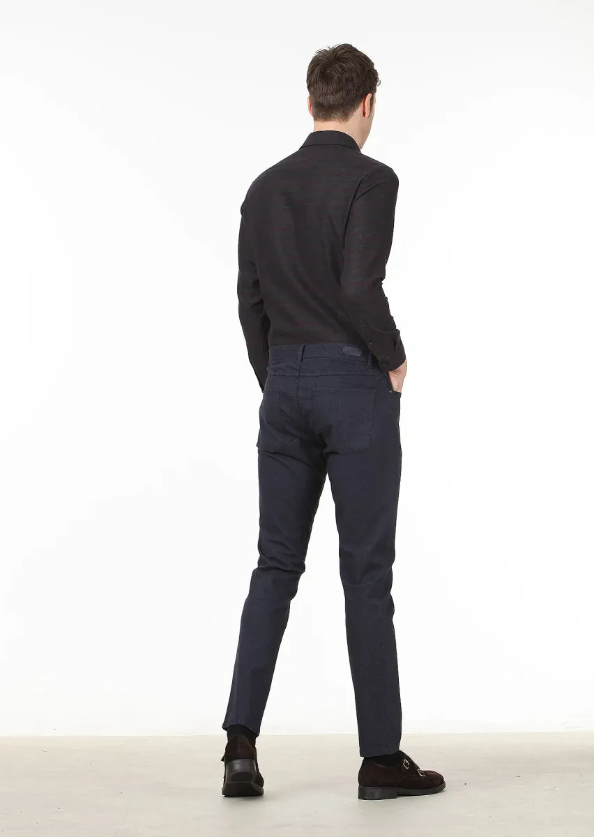 Navy Blue Weaving Slim Fit Casual Cotton Blended Trousers - 4
