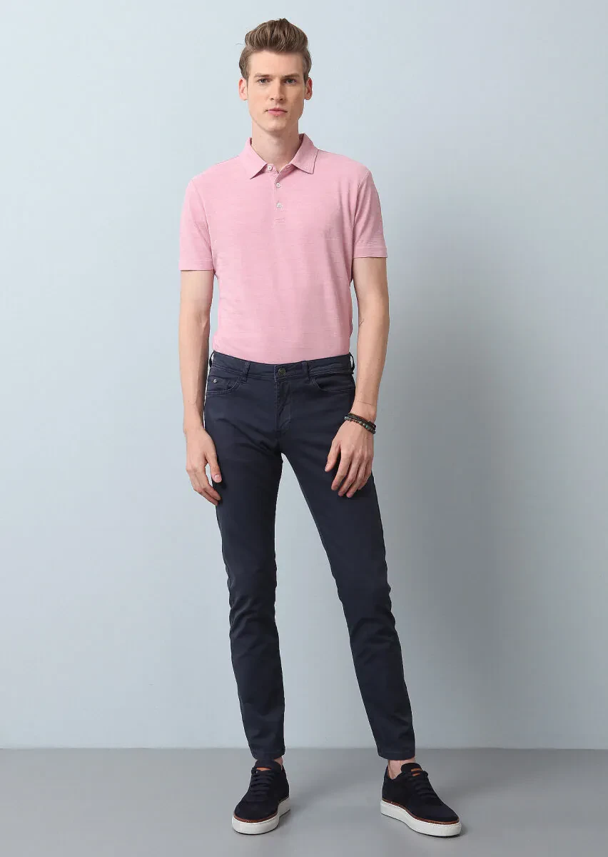 Navy Blue Weaving Slim Fit Casual Cotton Blended Trousers - 1