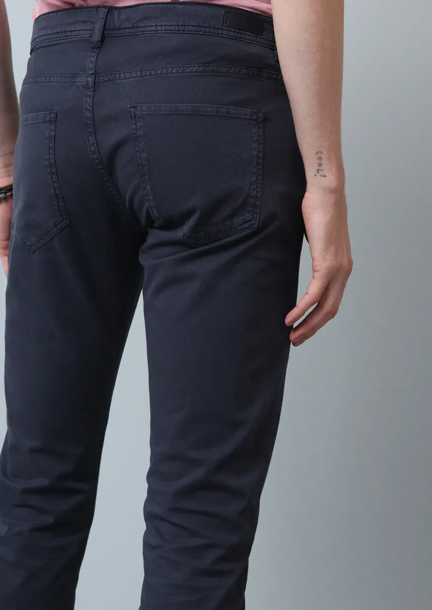 Navy Blue Weaving Slim Fit Casual Cotton Blended Trousers - 4