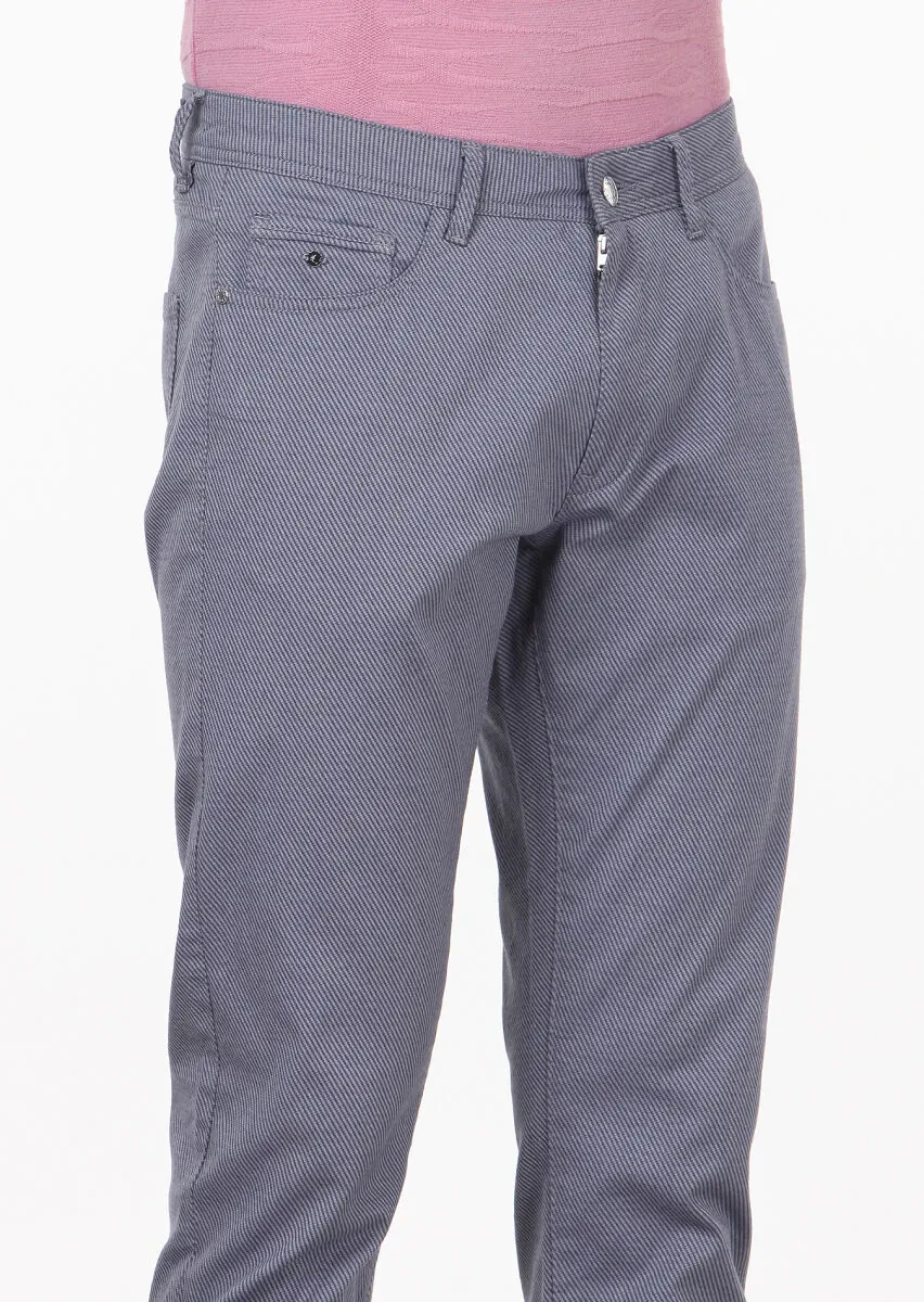 Navy Blue Weaving Slim Fit Casual Cotton Blended Trousers - 3