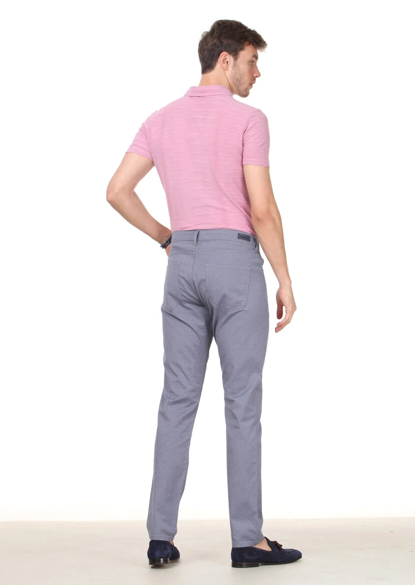 Navy Blue Weaving Slim Fit Casual Cotton Blended Trousers - 4