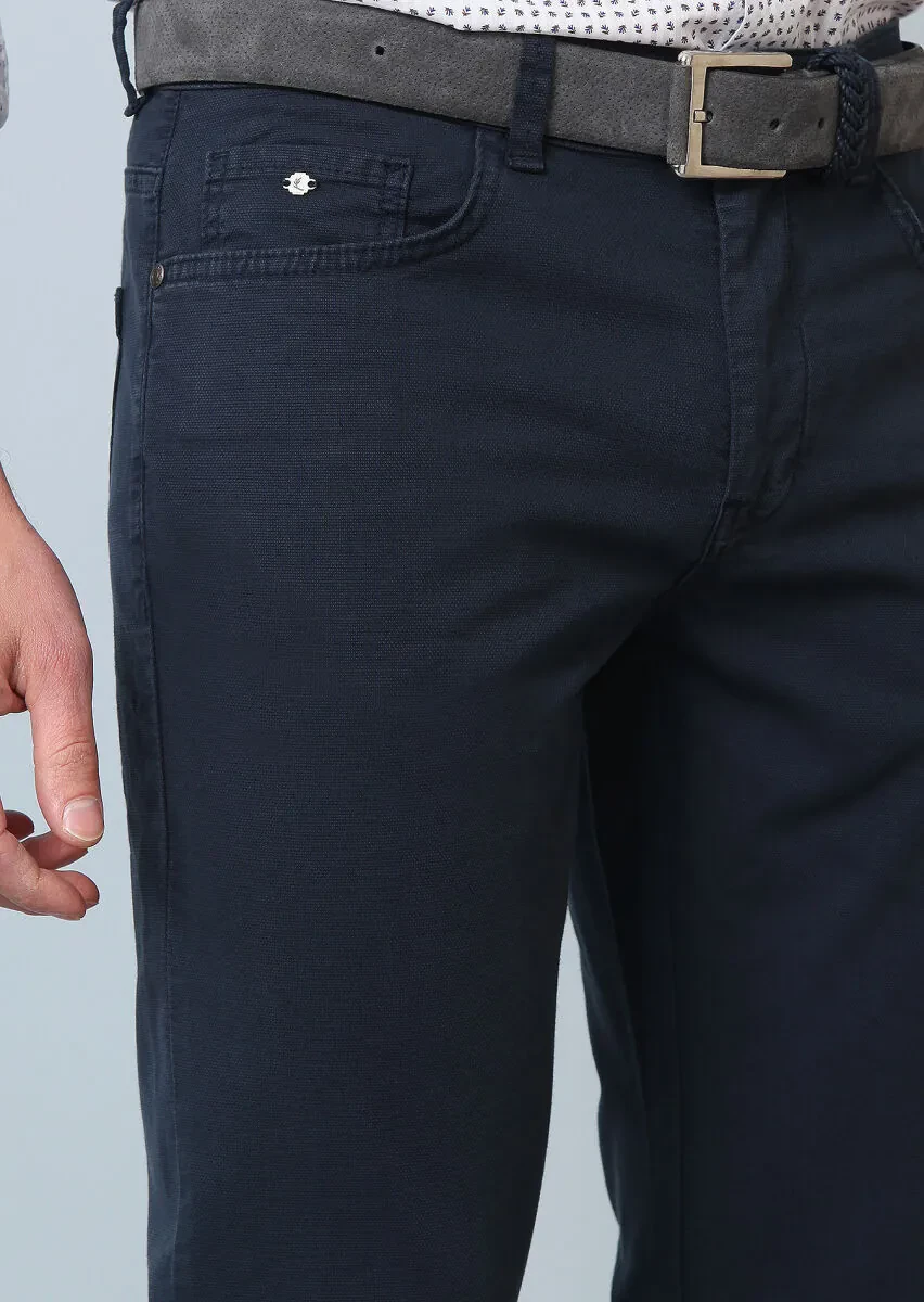 Navy Blue Weaving Slim Fit Casual Cotton Blended Trousers - 2
