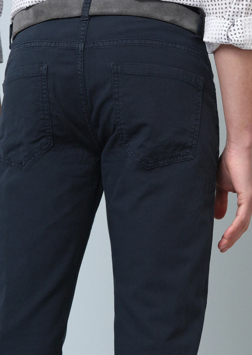 Navy Blue Weaving Slim Fit Casual Cotton Blended Trousers - 4