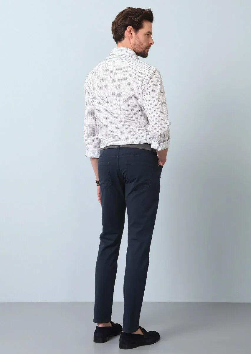Navy Blue Weaving Slim Fit Casual Cotton Blended Trousers - 5