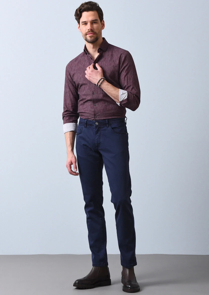 Navy Blue Weaving Slim Fit Casual Cotton Blended Trousers - 1