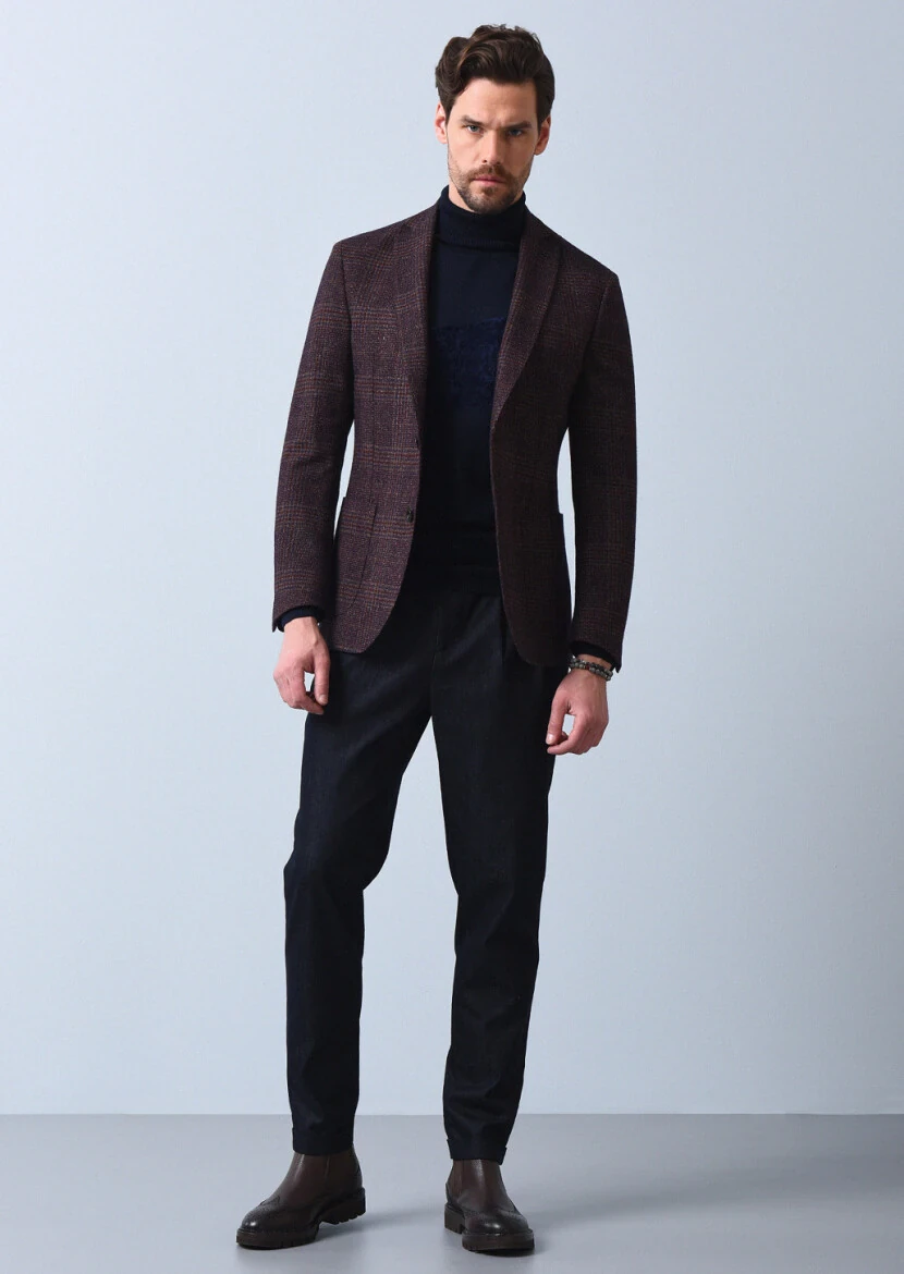 Navy Blue Weaving Slim Fit Casual Cotton Blended Trousers - 3