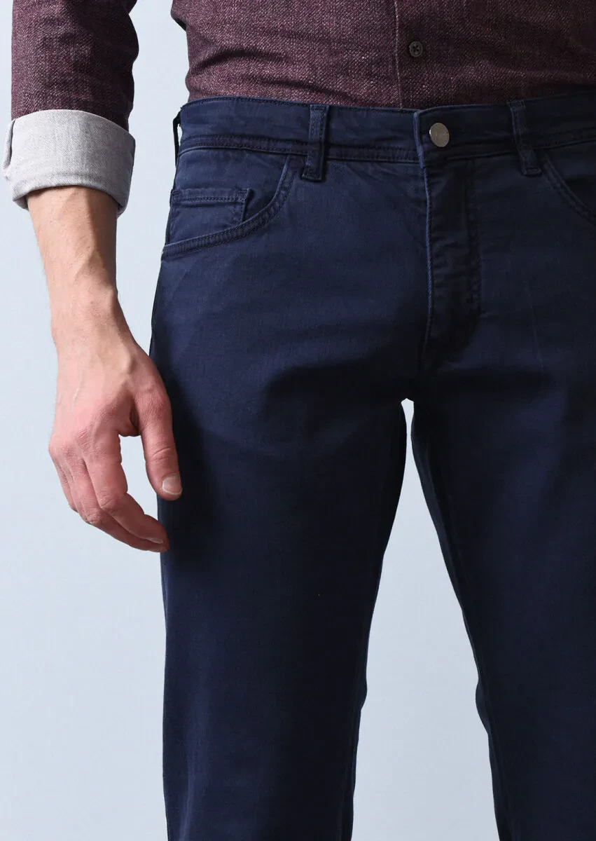 Navy Blue Weaving Slim Fit Casual Cotton Blended Trousers - 4