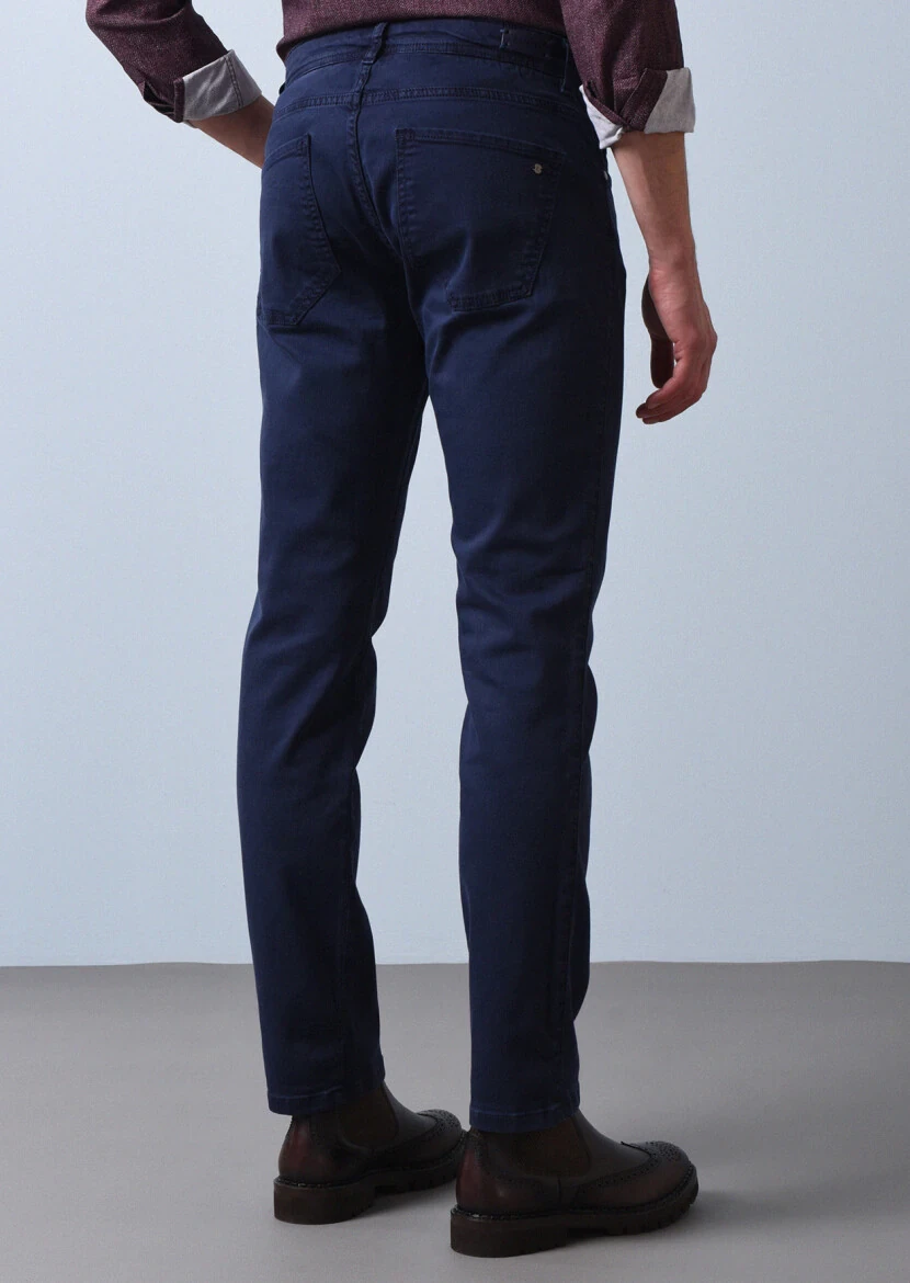 Navy Blue Weaving Slim Fit Casual Cotton Blended Trousers - 5