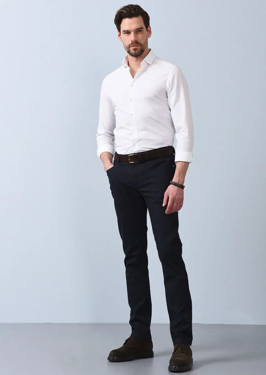 Navy Blue Weaving Slim Fit Casual Cotton Blended Trousers - 1