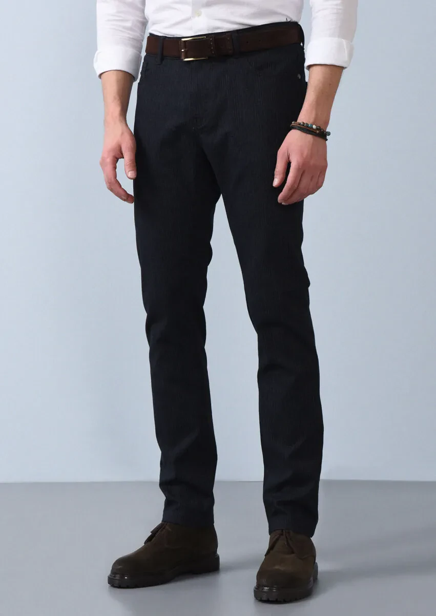 Navy Blue Weaving Slim Fit Casual Cotton Blended Trousers - 3