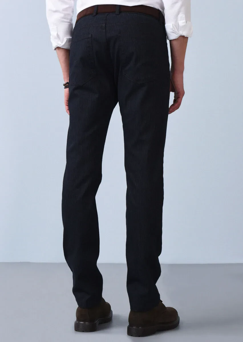 Navy Blue Weaving Slim Fit Casual Cotton Blended Trousers - 5