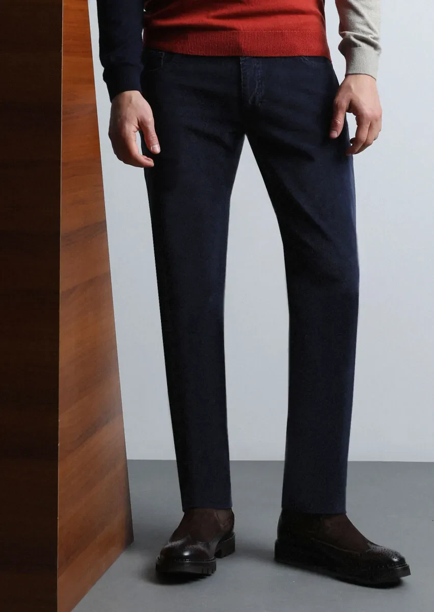 Navy Blue Weaving Slim Fit Casual Cotton Blended Trousers - 2