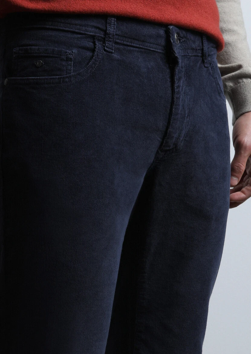 Navy Blue Weaving Slim Fit Casual Cotton Blended Trousers - 3